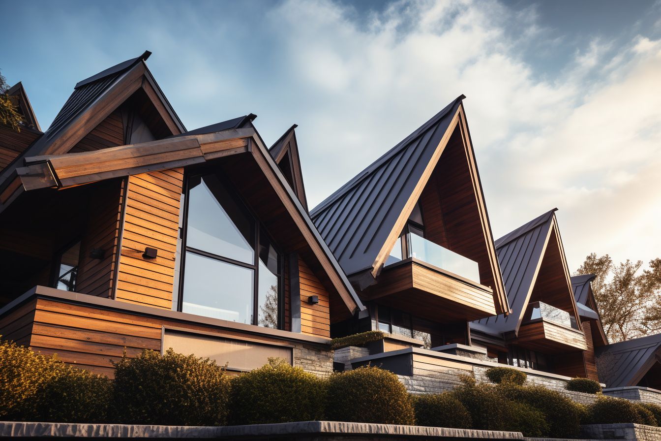 Close-up shot of a modern house with different roof coverings.