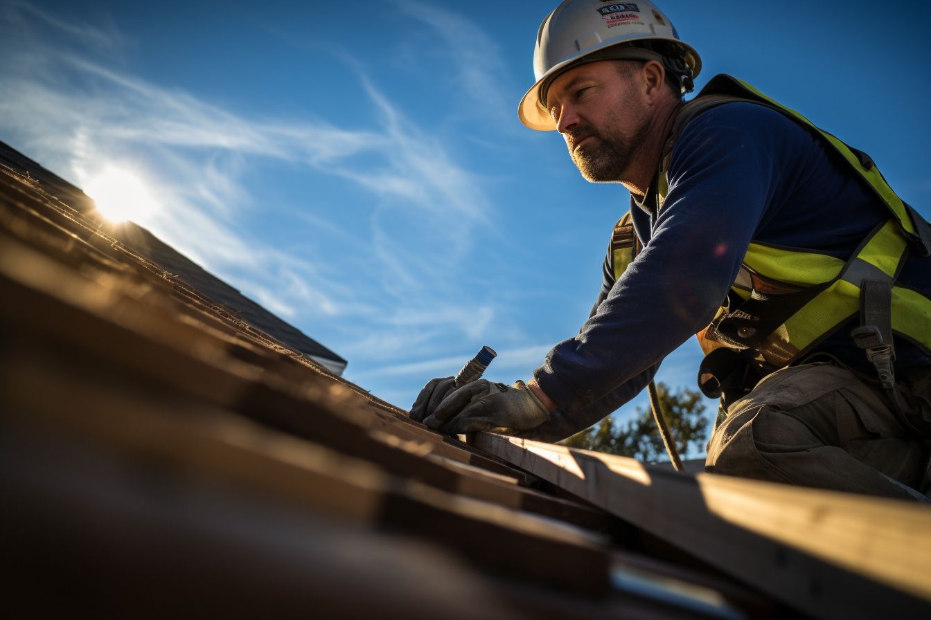 Construction worker installing roofing materials on a house from low angle.