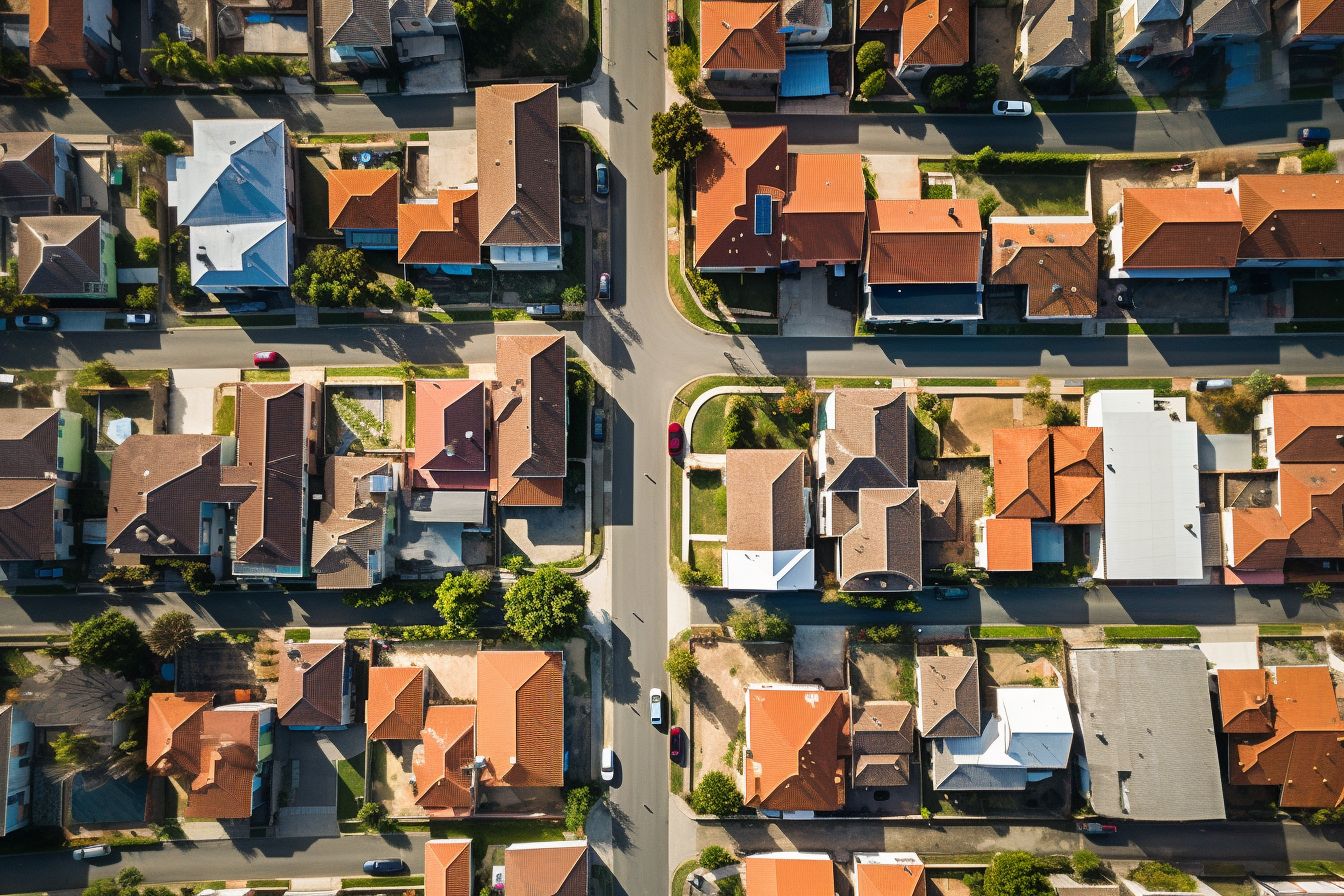 Aerial view of a diverse residential neighborhood with different house styles.