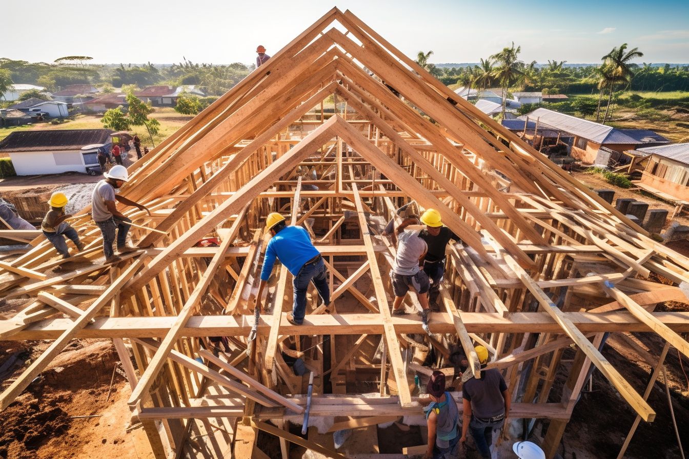 Aerial view of residential buildings with diverse roofing materials.
