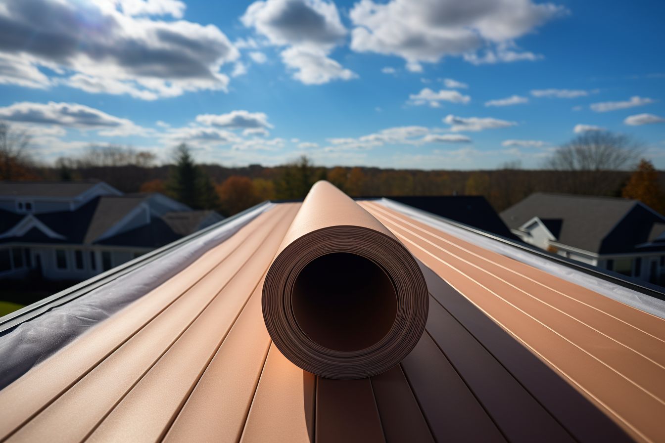 A synthetic underlayment unrolled on a roof deck.