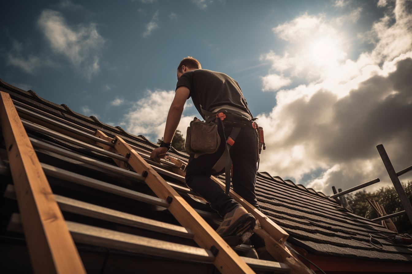 A roofer using a ladder and tools to inspect a roof.