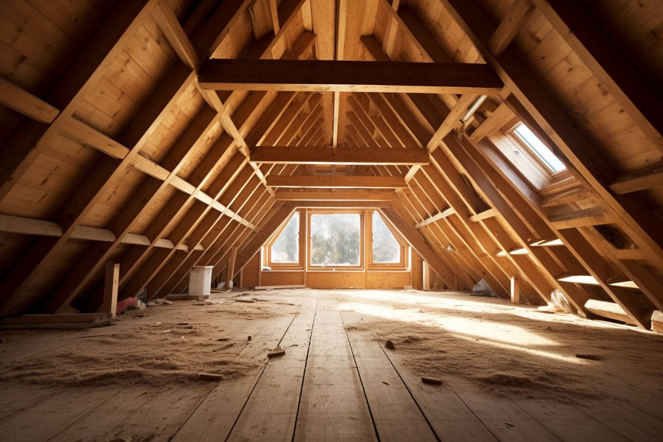 A modern attic with well-insulated roof beams and insulation materials.