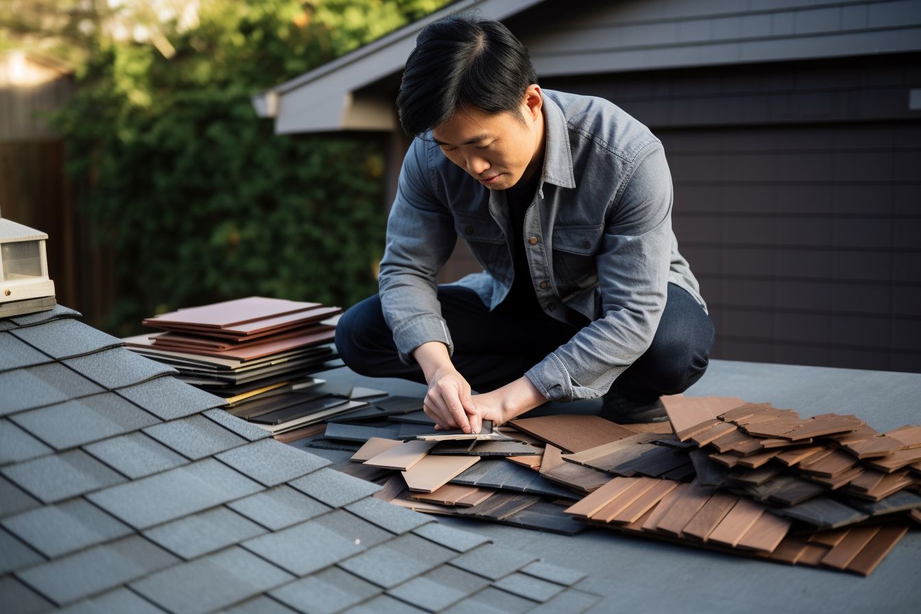 Roofing materials being inspected by a roofer of East Asian ethnicity. Roofing materials being inspected by a roofer of East Asian ethnicity.