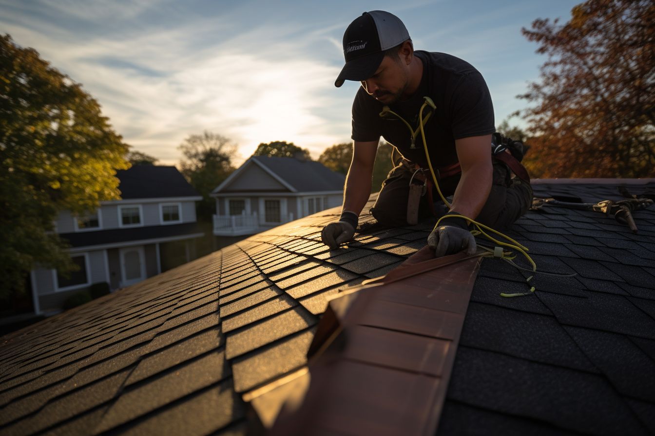 Homeowner of East Asian descent installing shingles on roof. Homeowner of East Asian descent installing shingles on roof.