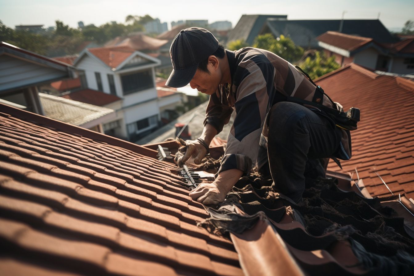 A professional roofer inspecting a complex roof with various materials. A professional roofer inspecting a complex roof with various materials.