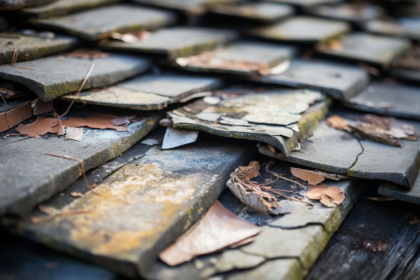 Close-up of damaged roof with cracked, loose shingles, showing wear. Close-up of damaged roof with cracked, loose shingles, showing wear.