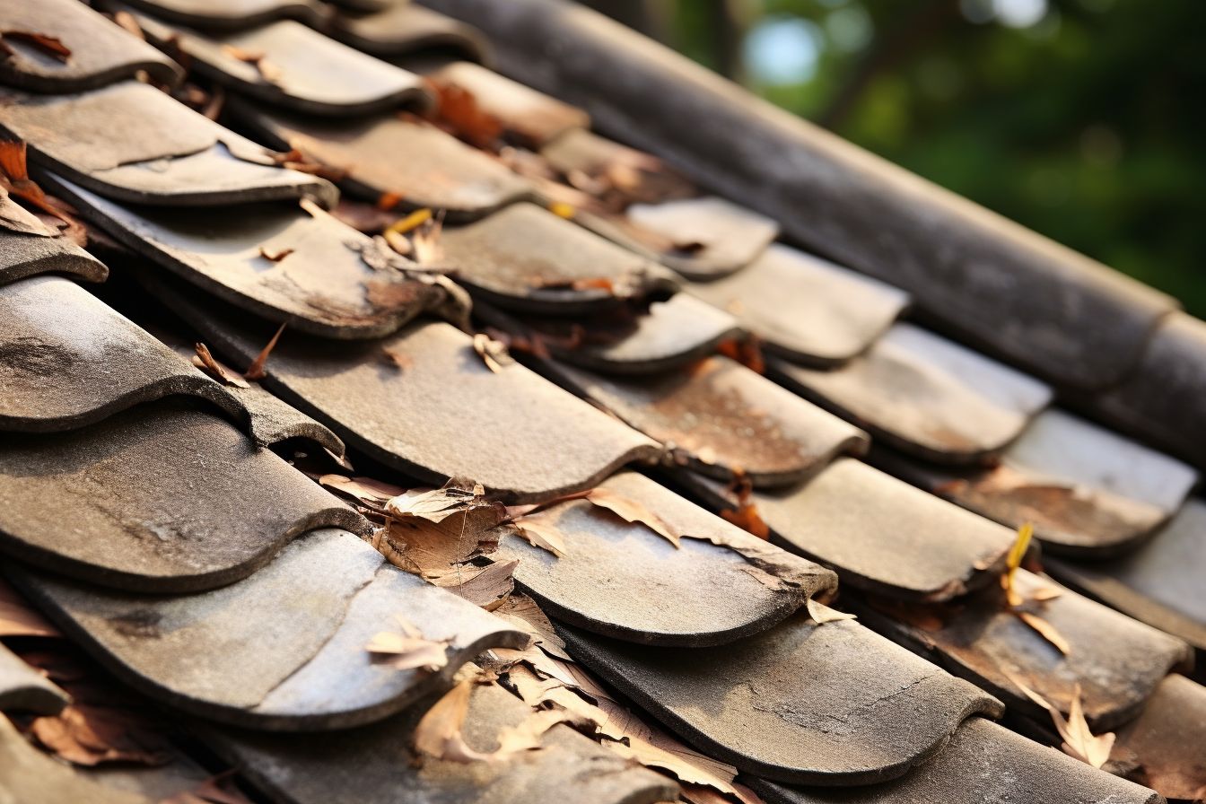 Close-up of damaged roof with missing shingles, showing wear and tear. Close-up of damaged roof with missing shingles, showing wear and tear.