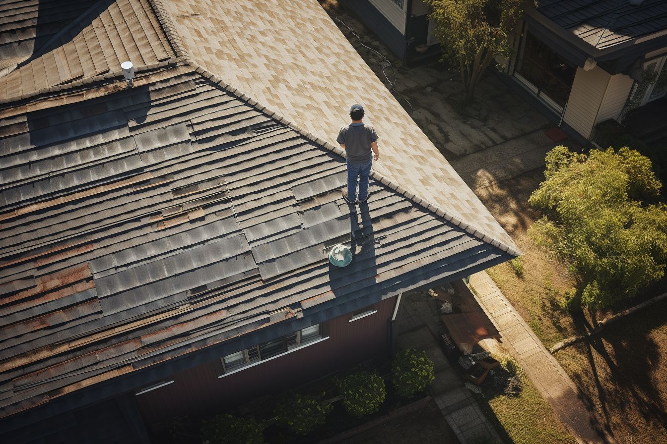 A homeowner and roofing company inspecting a roof for leaks.