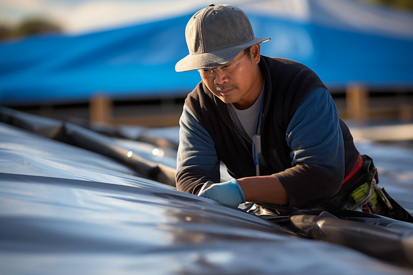 Roof repair technician installing temporary tarp on leaking roof.