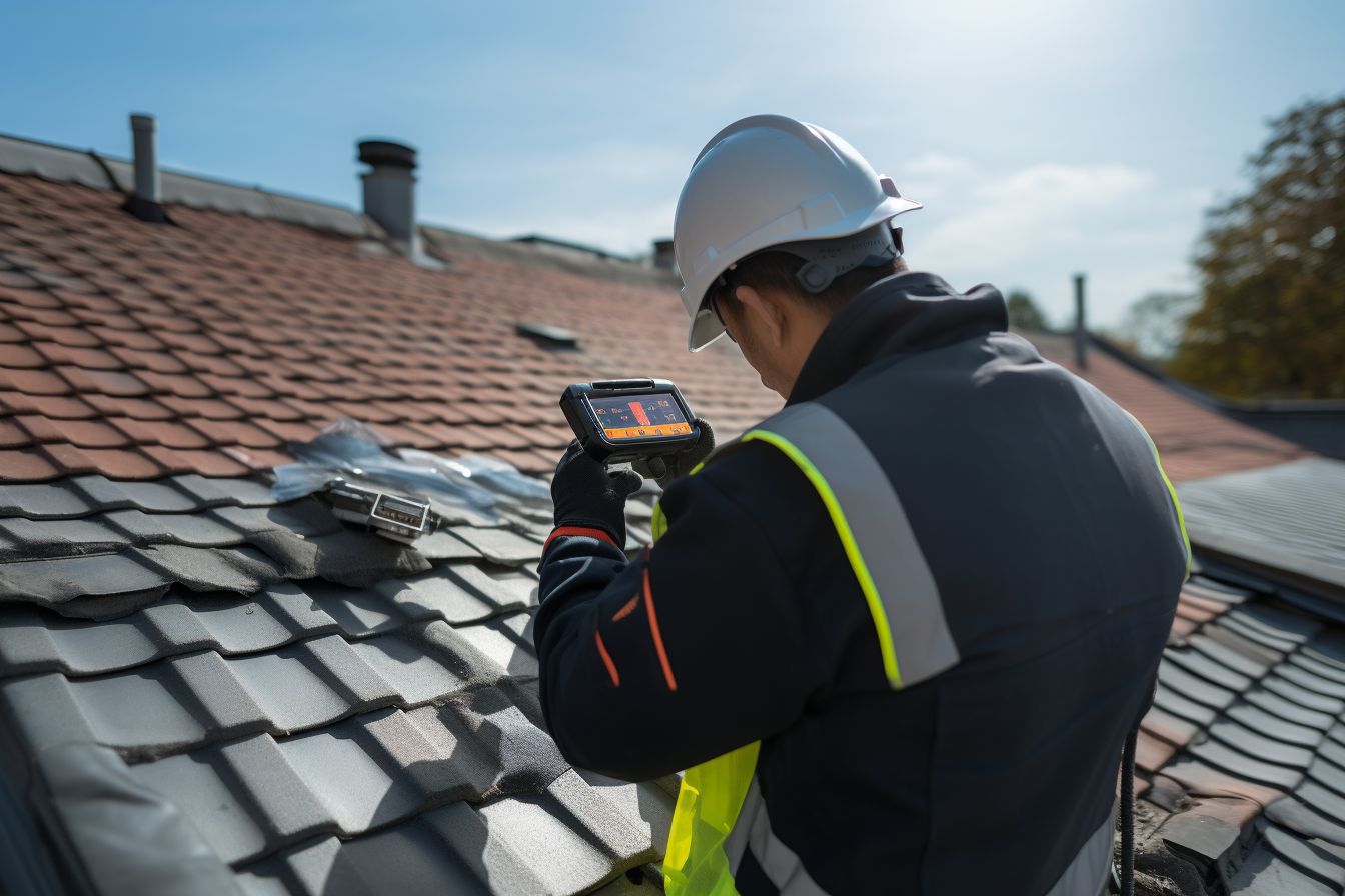 Contractor inspecting roof with a thermal imaging camera for leaks.