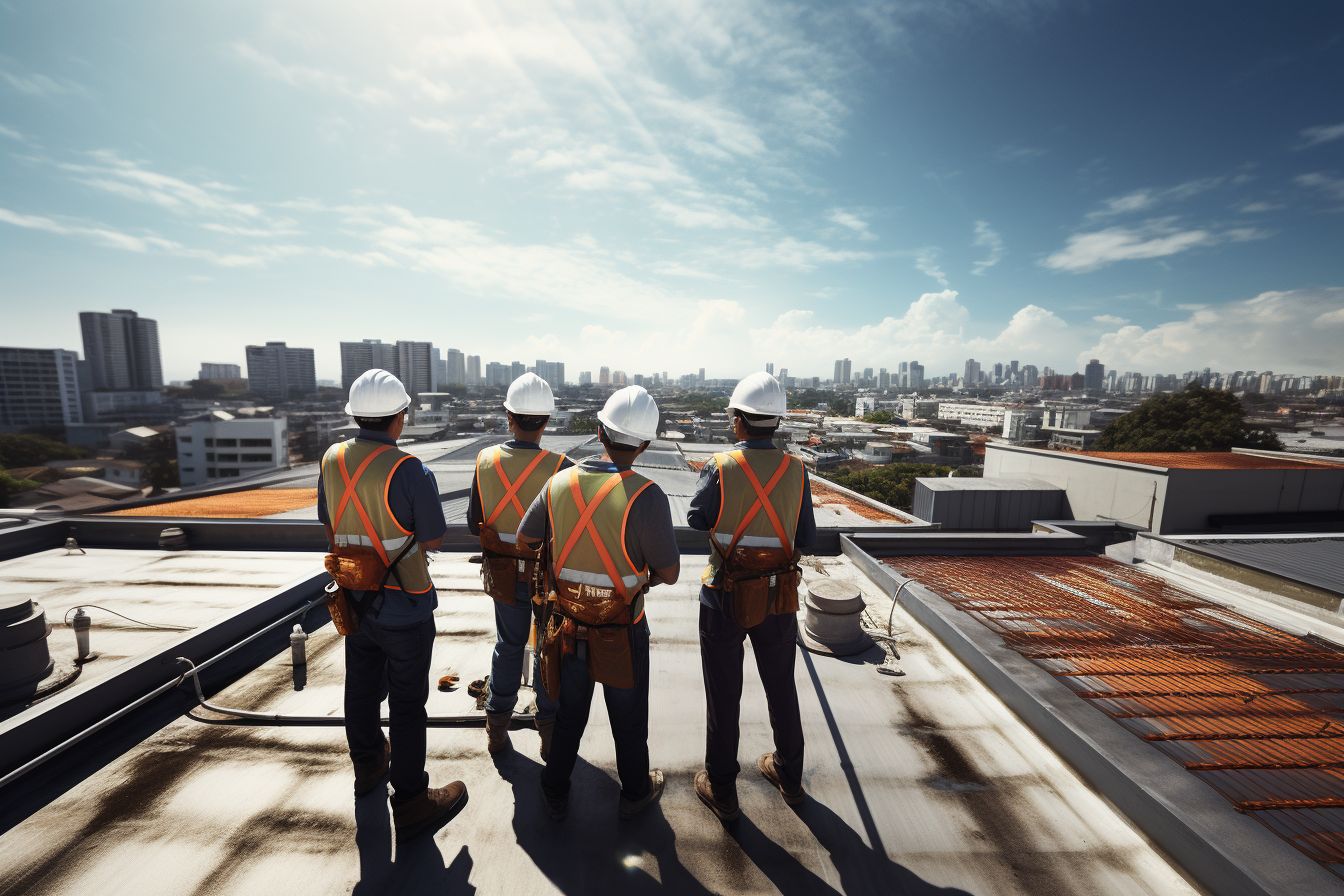 Diverse contractors inspect commercial roof from aerial view. Diverse contractors inspect commercial roof from aerial view.