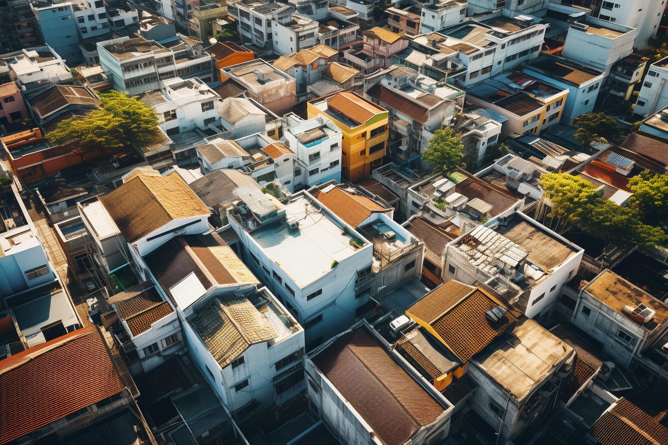 Aerial view of commercial roofs on buildings in a cityscape. Aerial view of commercial roofs on buildings in a cityscape.