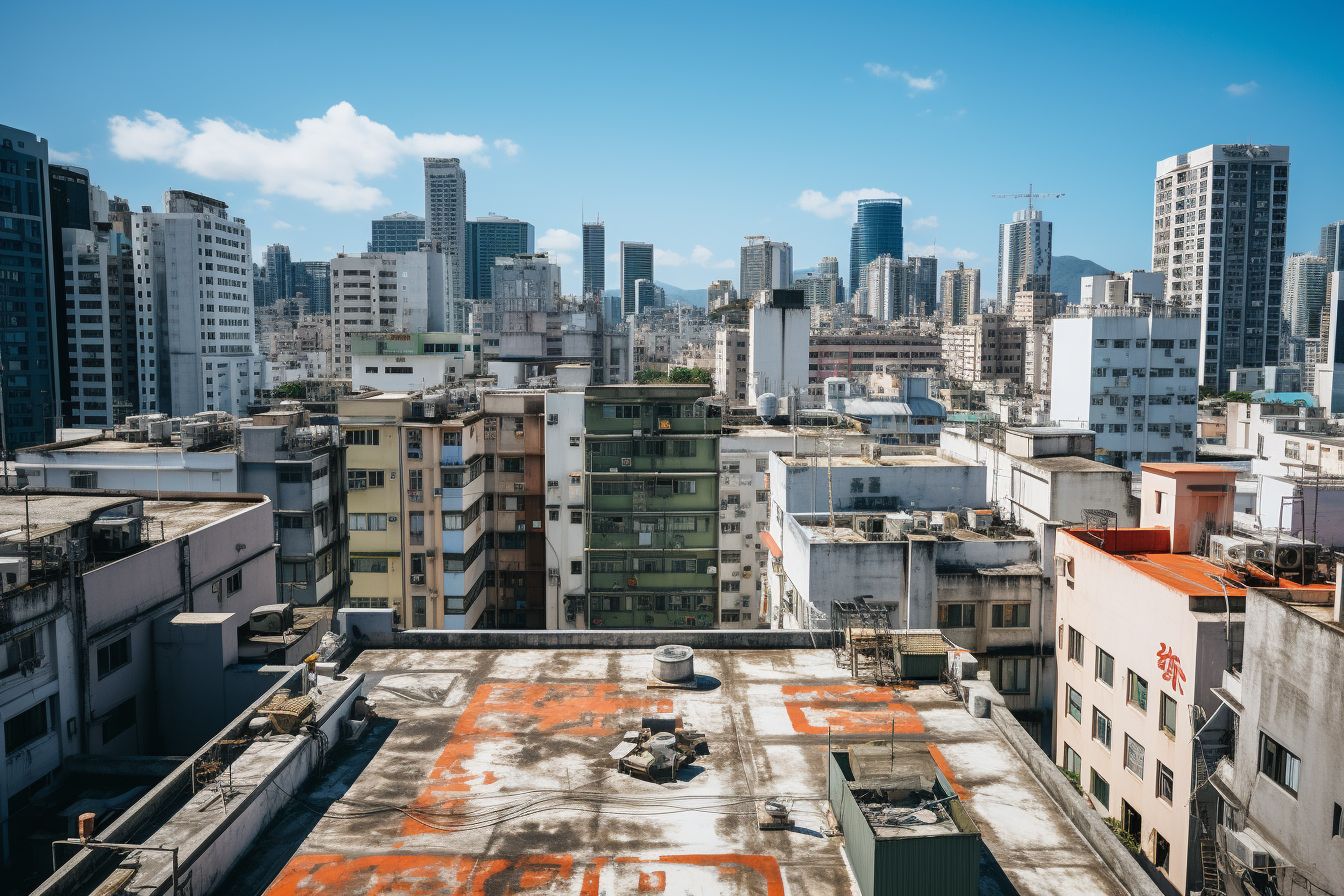 A commercial building with a flat roof in a cityscape. A commercial building with a flat roof in a cityscape.