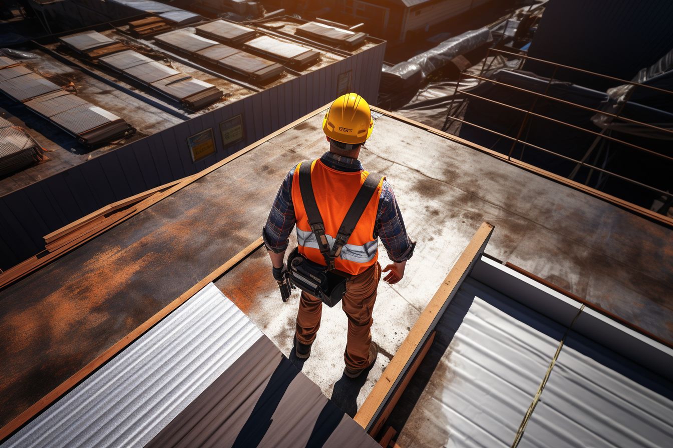 Construction worker inspecting commercial roof from aerial perspective using a drone. Construction worker inspecting commercial roof from aerial perspective using a drone.