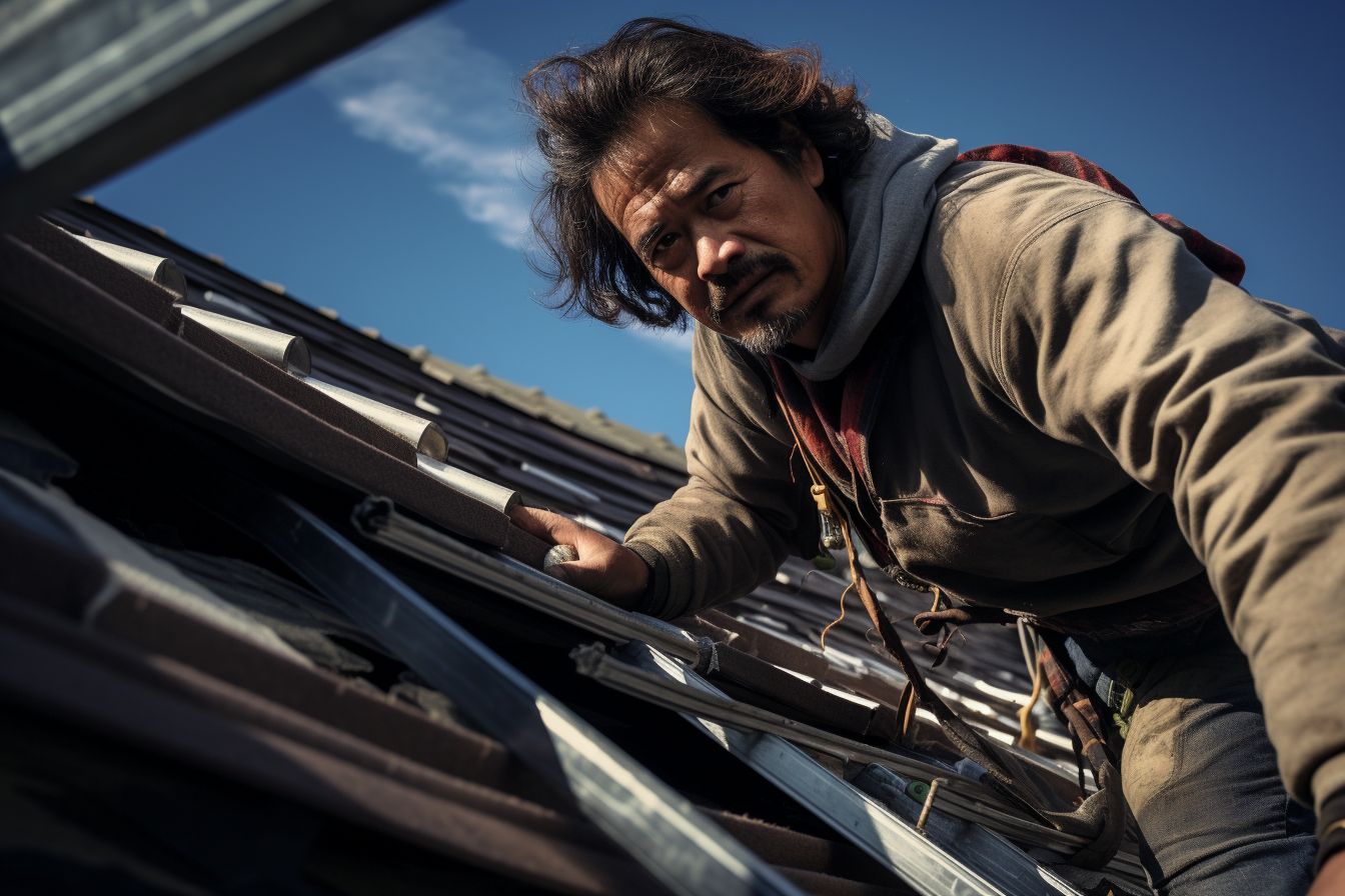 A roofer inspecting a damaged roof with tools and ladder.