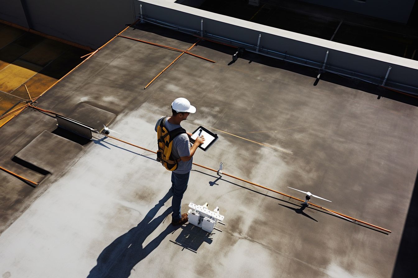 A construction worker using a drone to inspect a flat roof.