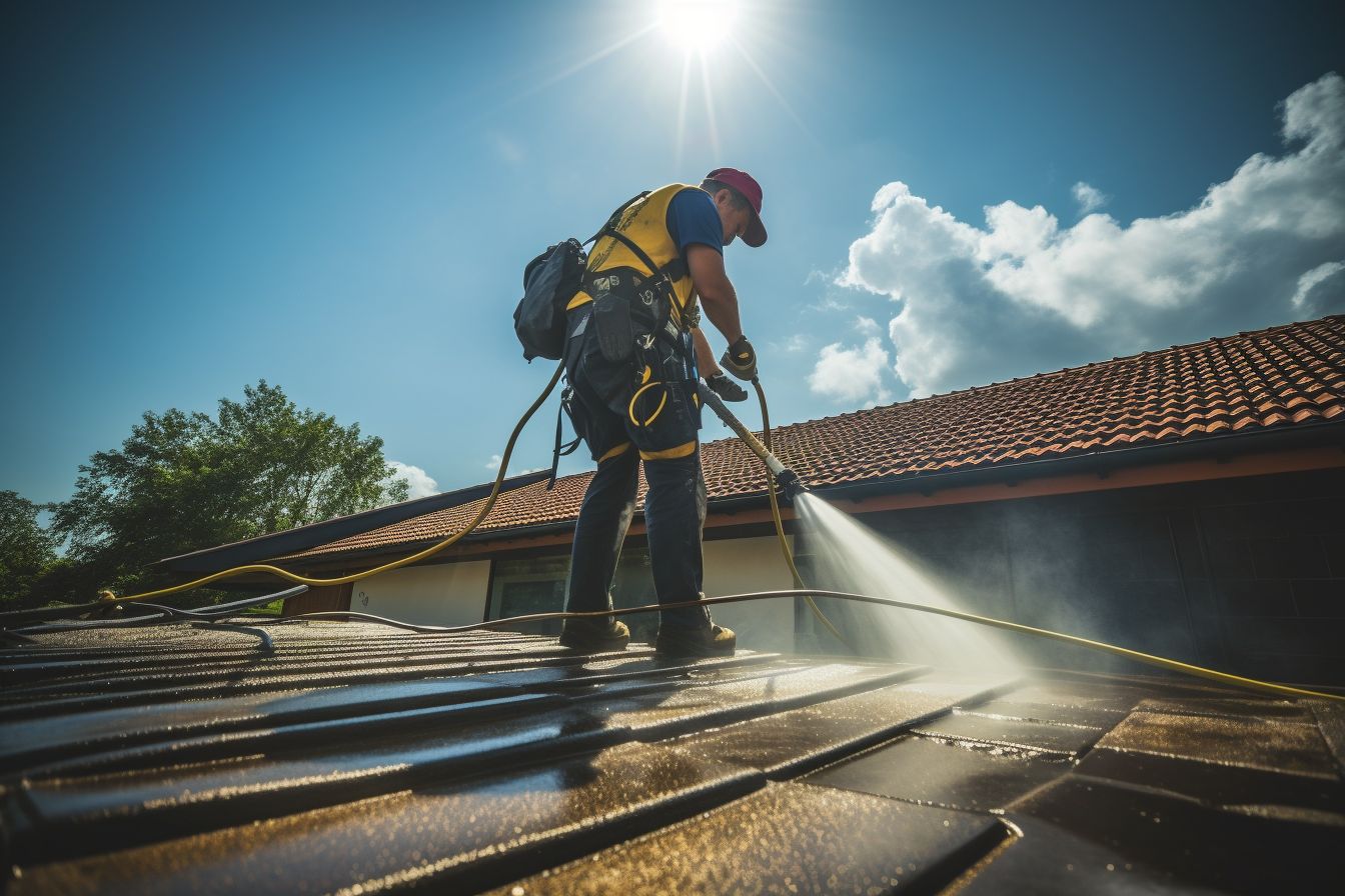Professional cleaner using pressure washer on roof. Professional cleaner using pressure washer on roof.
