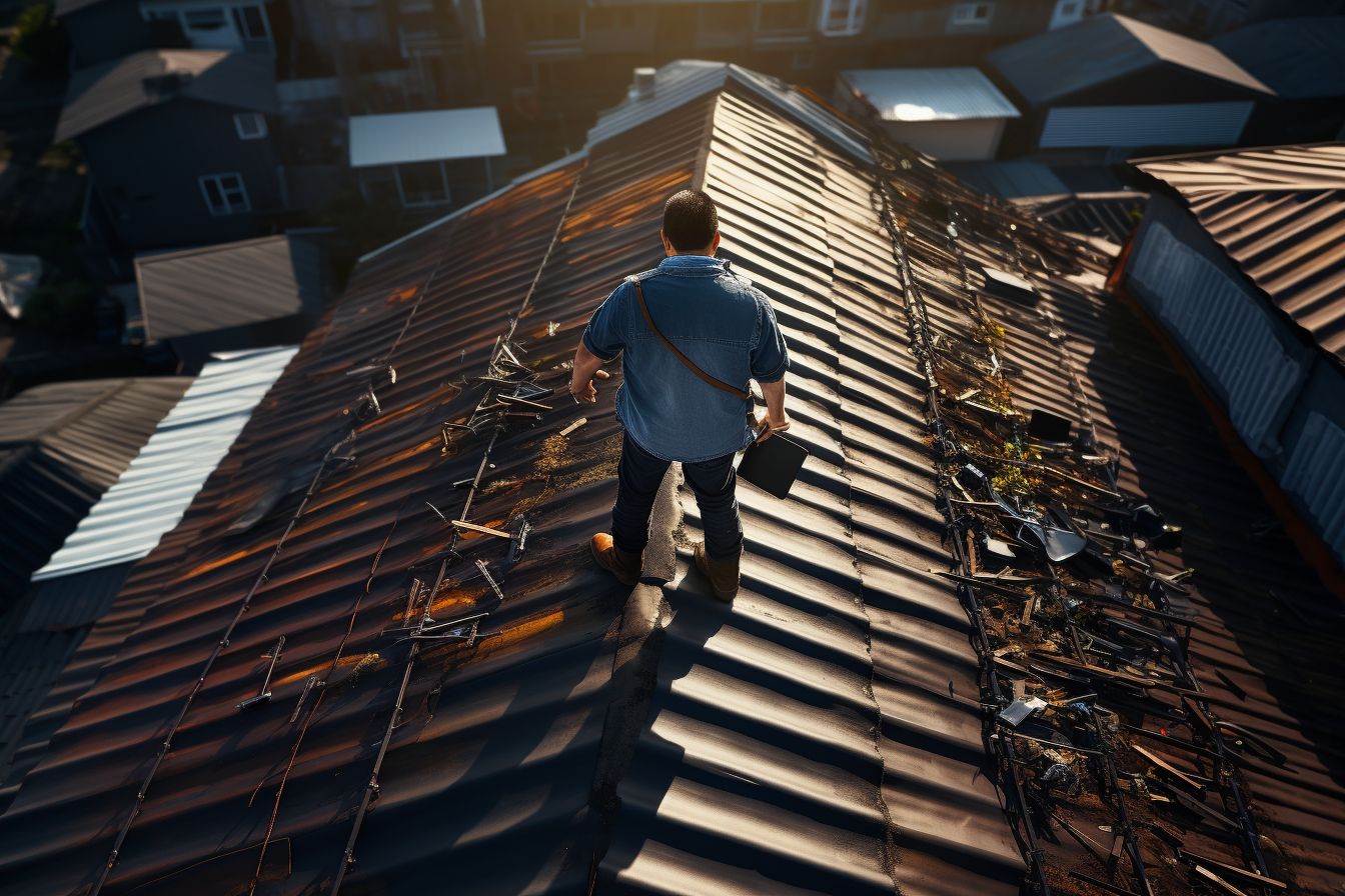A professional roofer inspecting a roof with a drone. A professional roofer inspecting a roof with a drone.