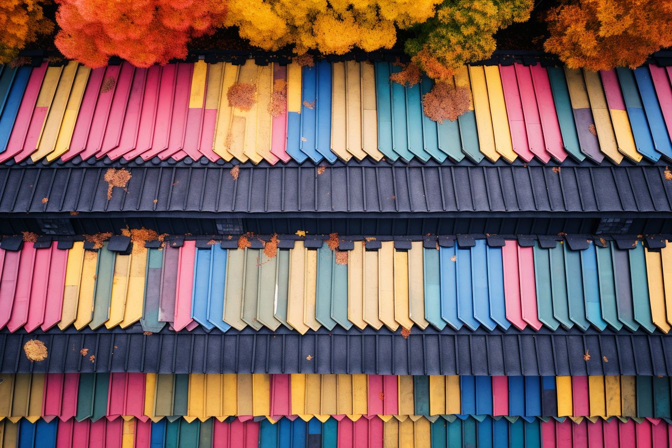 A colorful, freshly painted roof seen from above using drone photography. A colorful, freshly painted roof seen from above using drone photography.