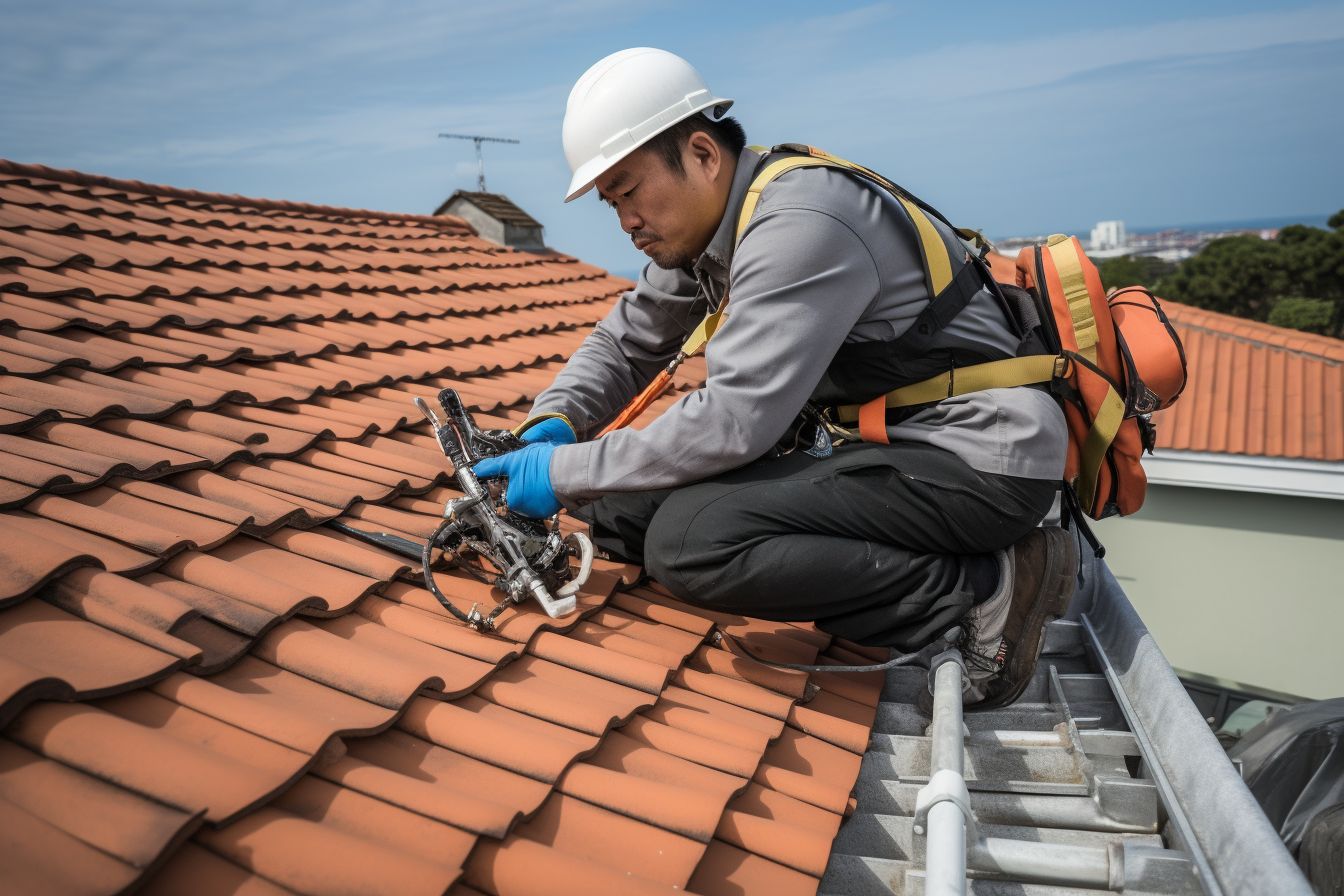 Professional roofer inspecting a tiled roof with tools and ladder. Professional roofer inspecting a tiled roof with tools and ladder.