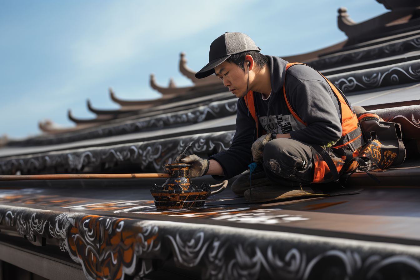 Professional painter applying paint to well-maintained East Asian roof.