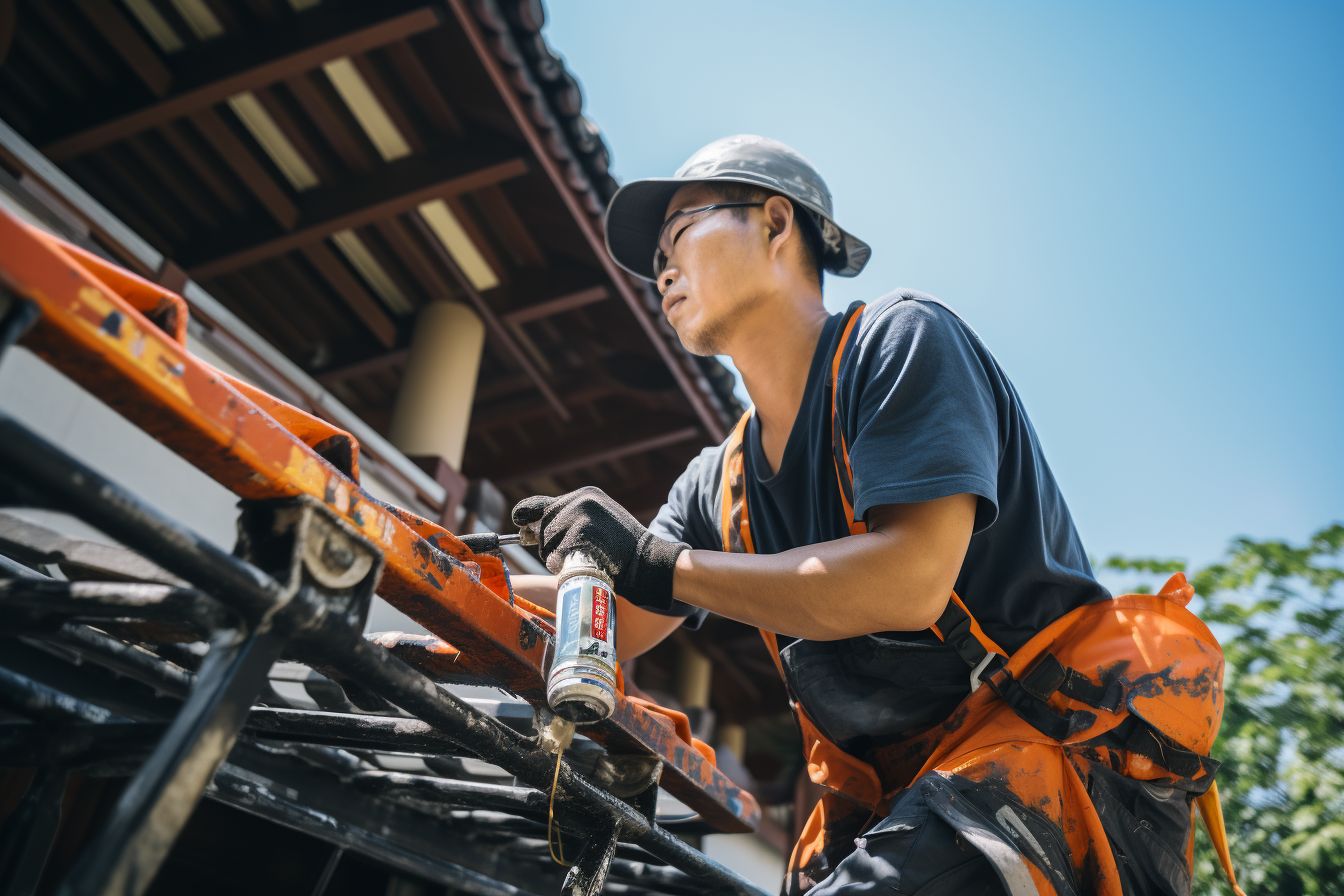 A professional painter of East Asian ethnicity painting a roof.