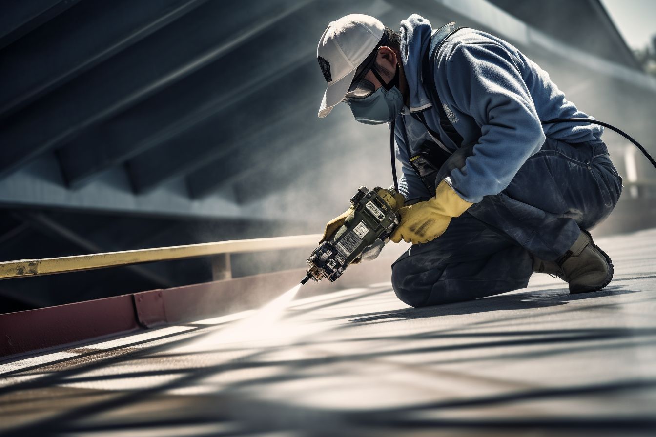 Professional painter applying fresh coat of paint on metal roof. Professional painter applying fresh coat of paint on metal roof.