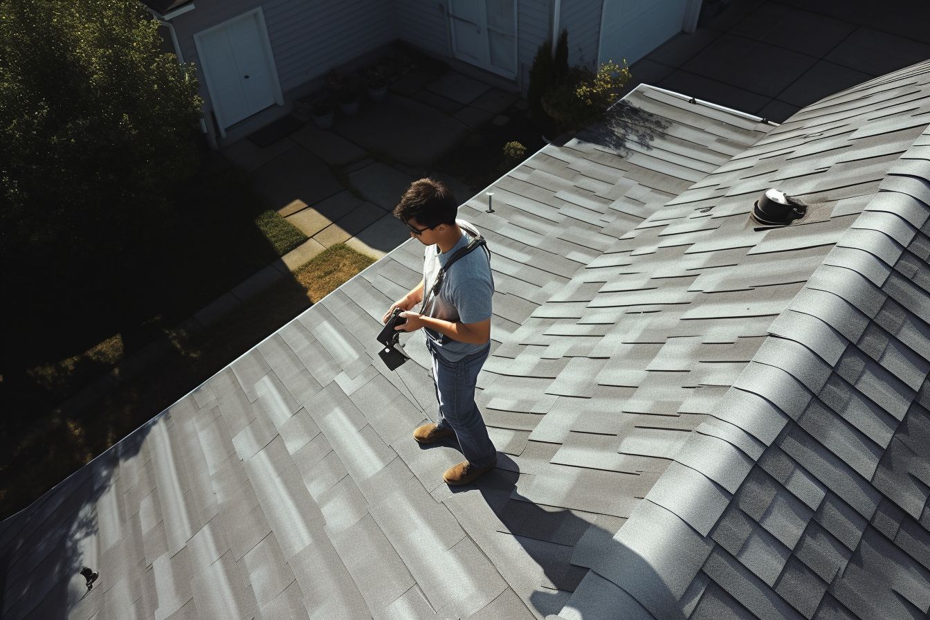 Professional roofer inspecting roof with DJI Phantom 4 Pro Drone. Professional roofer inspecting roof with DJI Phantom 4 Pro Drone.