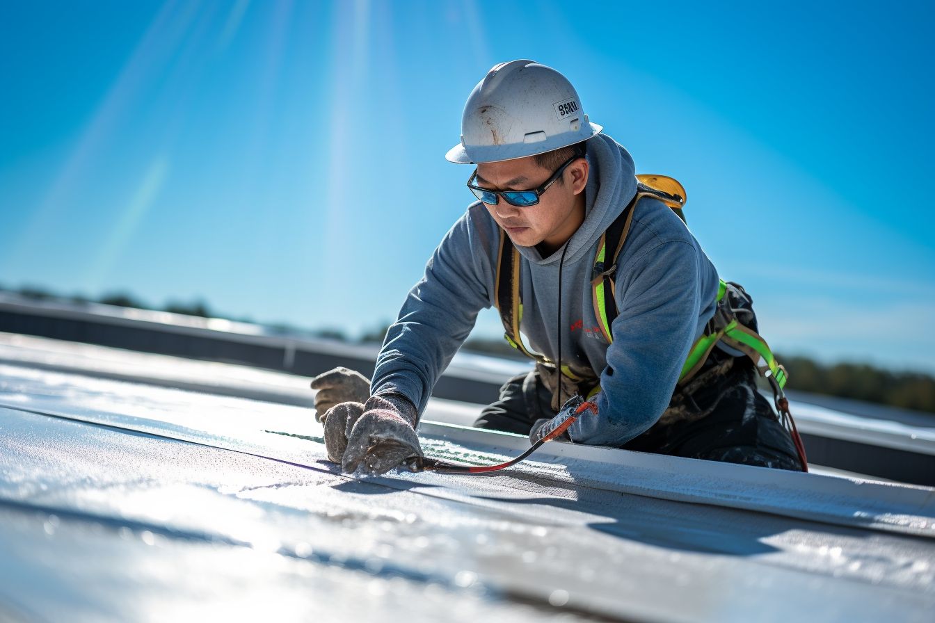 Roof contractor applies heat-reflective roof coating on a sunny day.