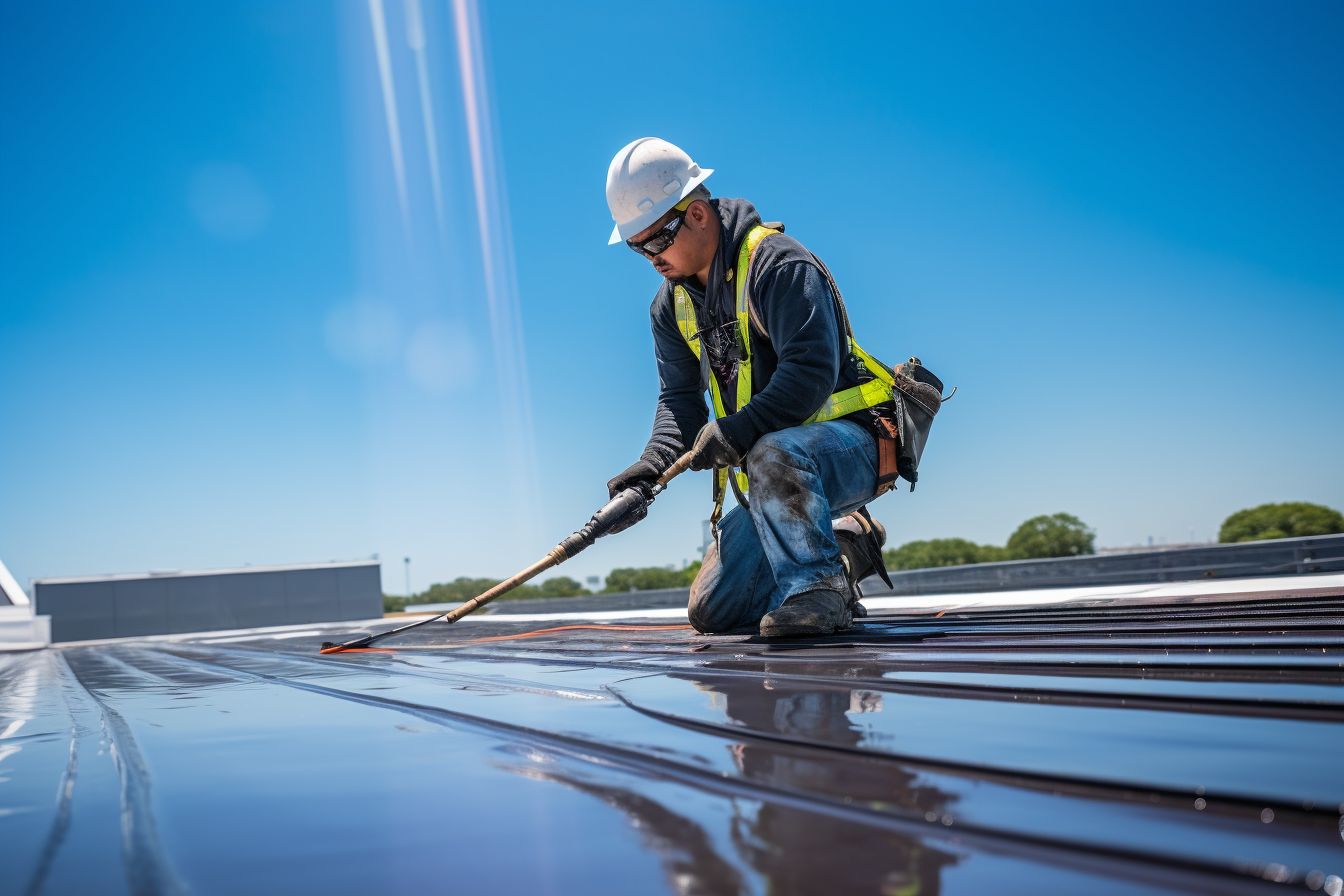 Roof contractor applies heat-reflective roof coating on a sunny day.