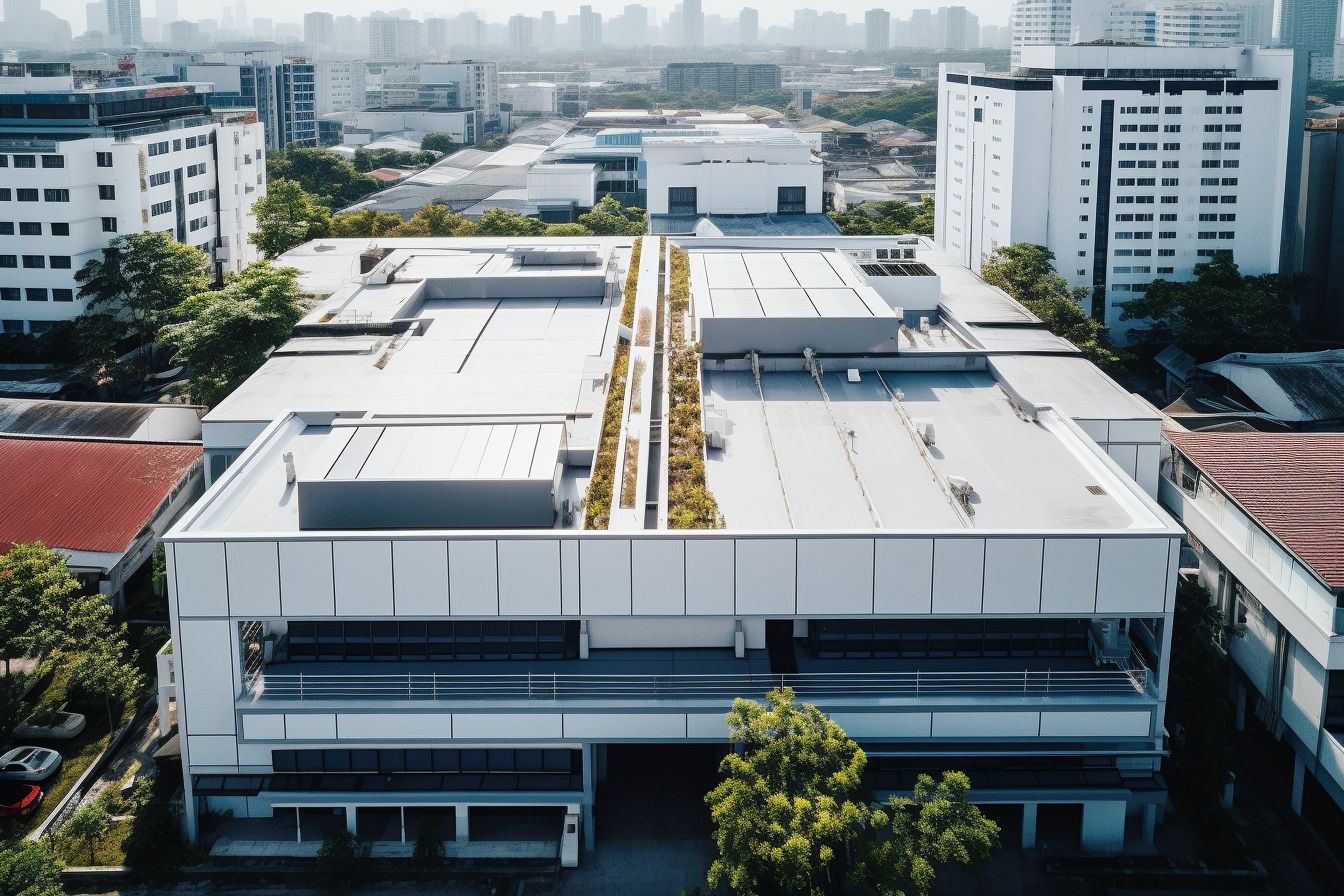 Aerial view of a modern commercial building with a reflective roof.
