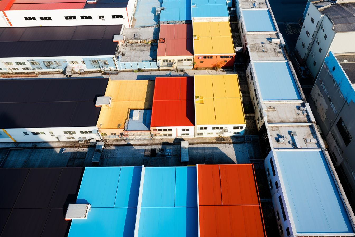 Aerial photo of a rooftop with heat-reflective coatings in East Asia.