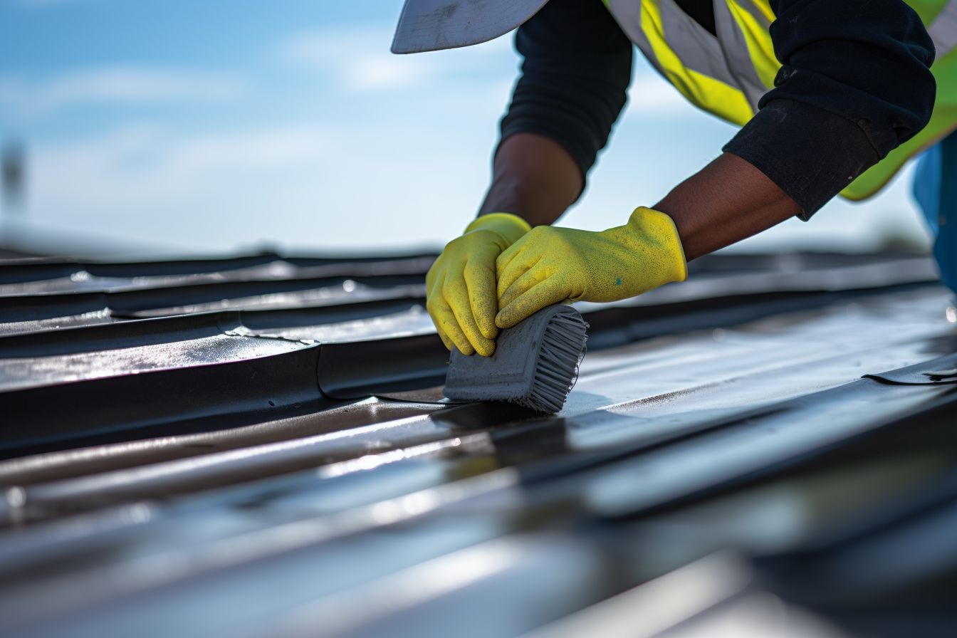 Hands in gloves applying protective sealant on a clean roof. Hands in gloves applying protective sealant on a clean roof.