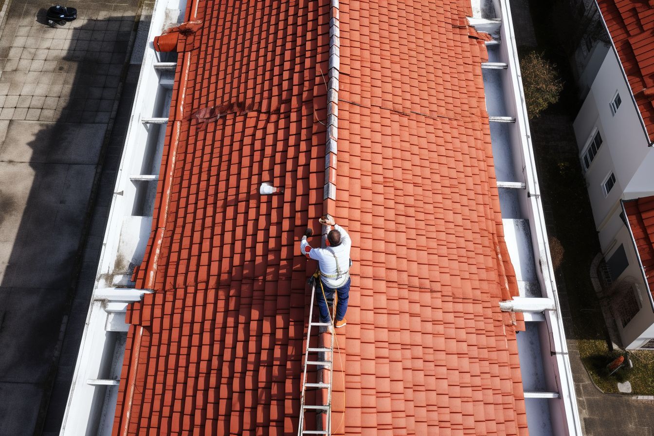 Roof inspector of East Asian ethnicity uses ladder and checklist. Roof inspector of East Asian ethnicity uses ladder and checklist.