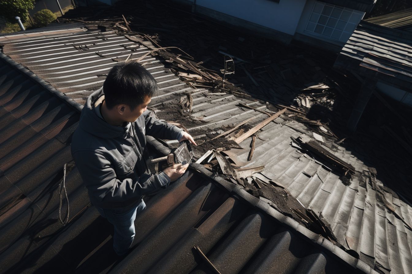A roof inspector uses a drone to assess roof damage. A roof inspector uses a drone to assess roof damage.
