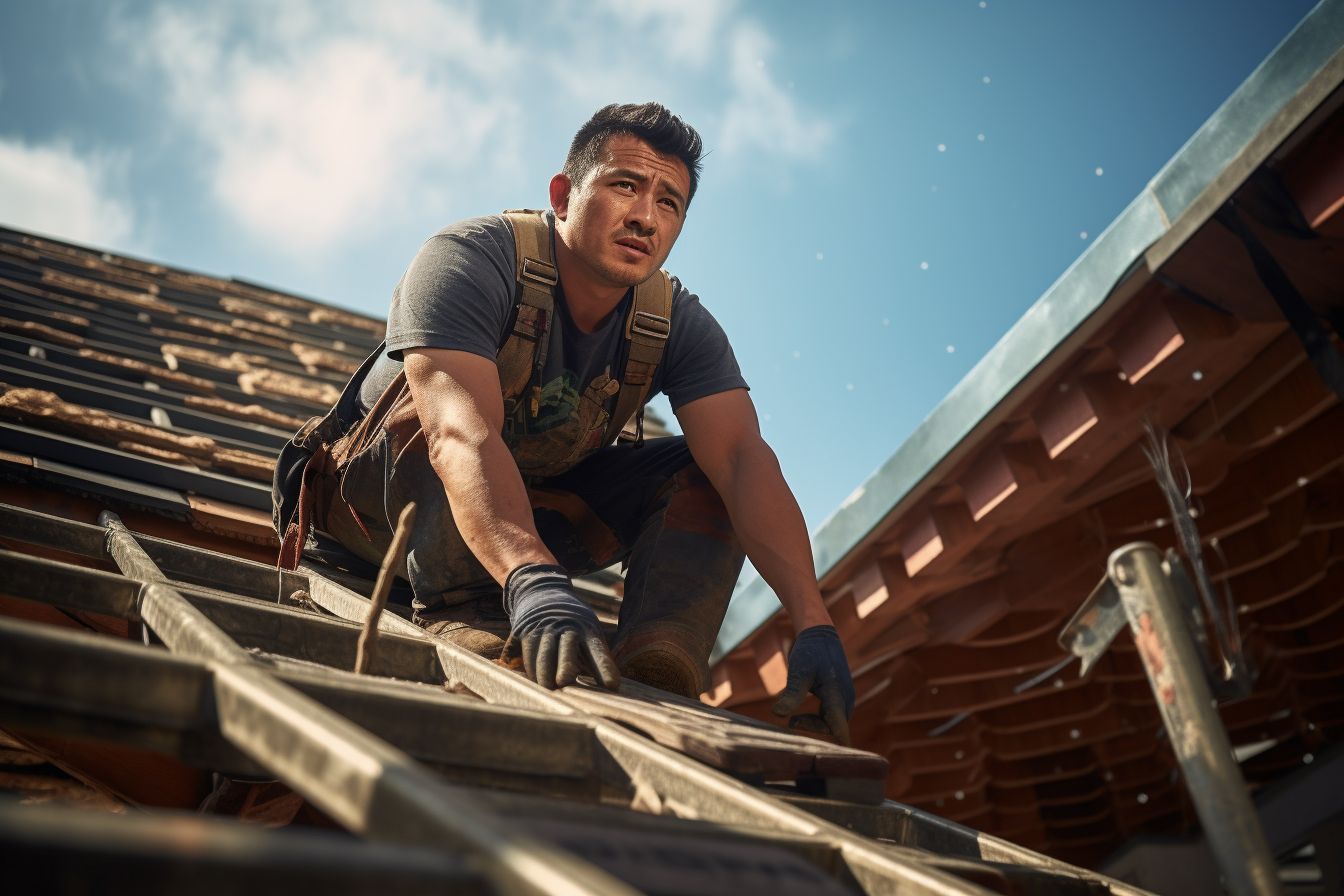 A professional roofer inspecting a roof with tools and ladder. A professional roofer inspecting a roof with tools and ladder.