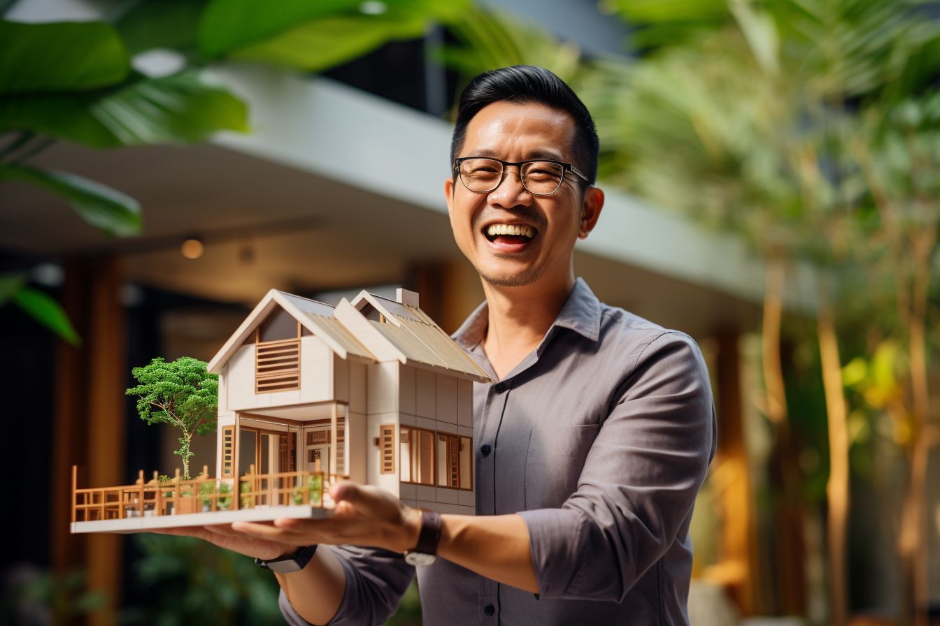 A happy man holds a house model in a green environment.
