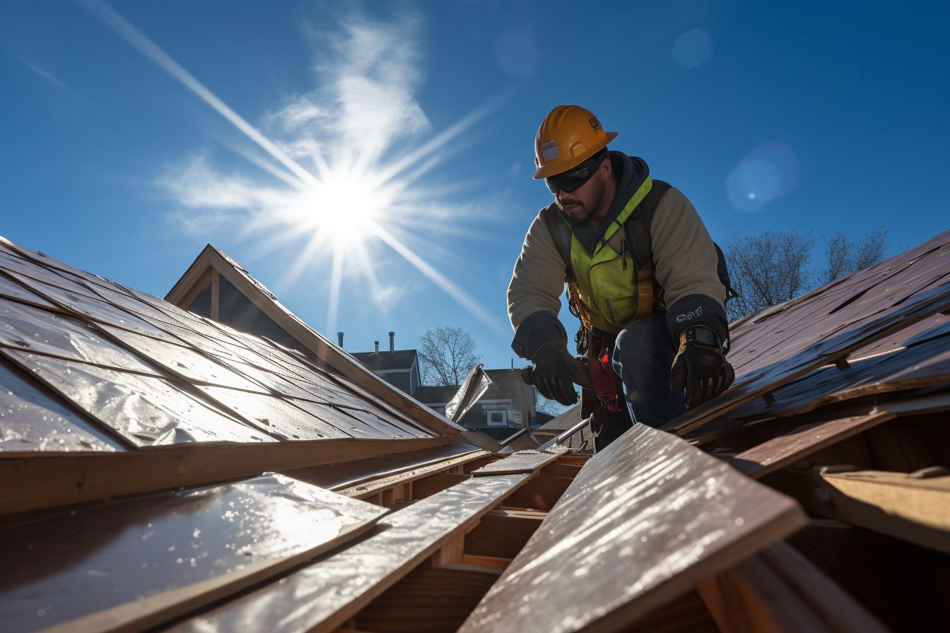 Construction worker installing roof insulation in residential building, using wide-angle lens.