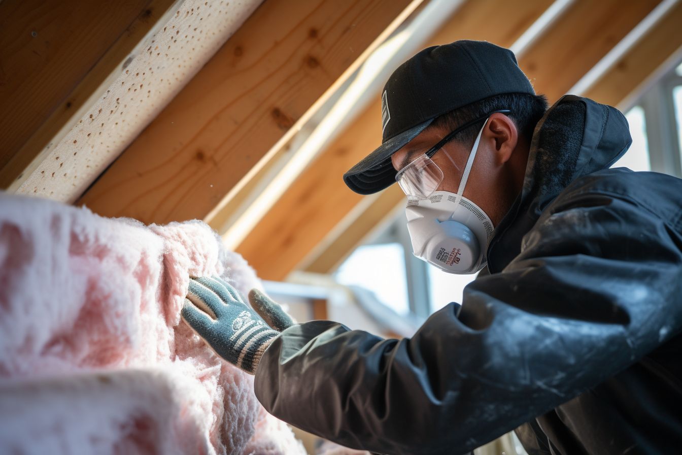 A professional roofer installing roof insulation for energy efficiency.