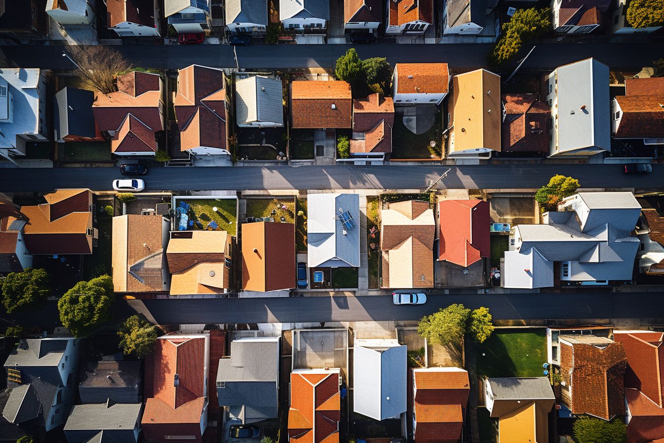 Diverse homeowners in front of houses looking at different roofing designs.