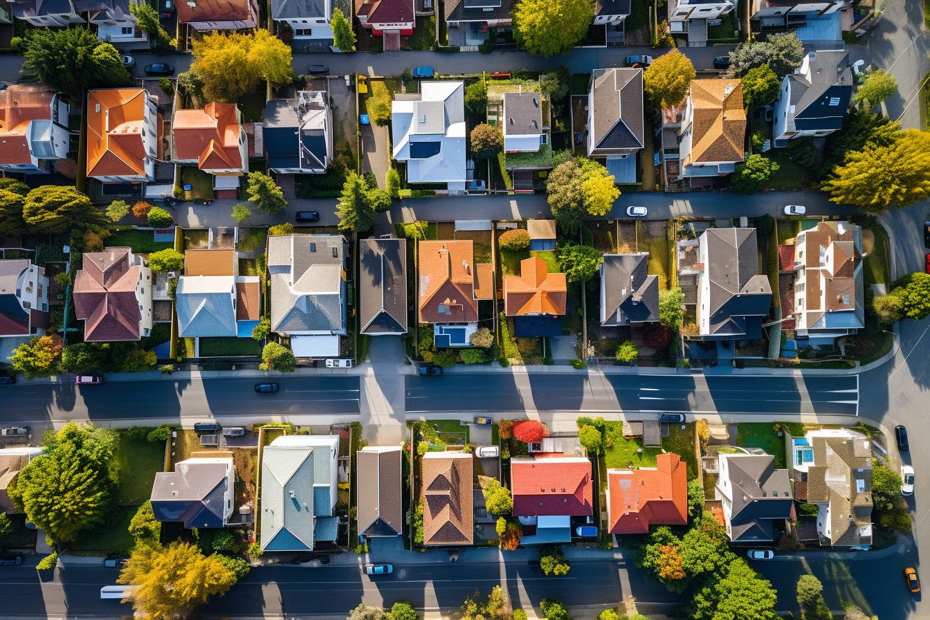 Aerial photo of suburban neighborhood with houses of different roof colors. Aerial photo of suburban neighborhood with houses of different roof colors.