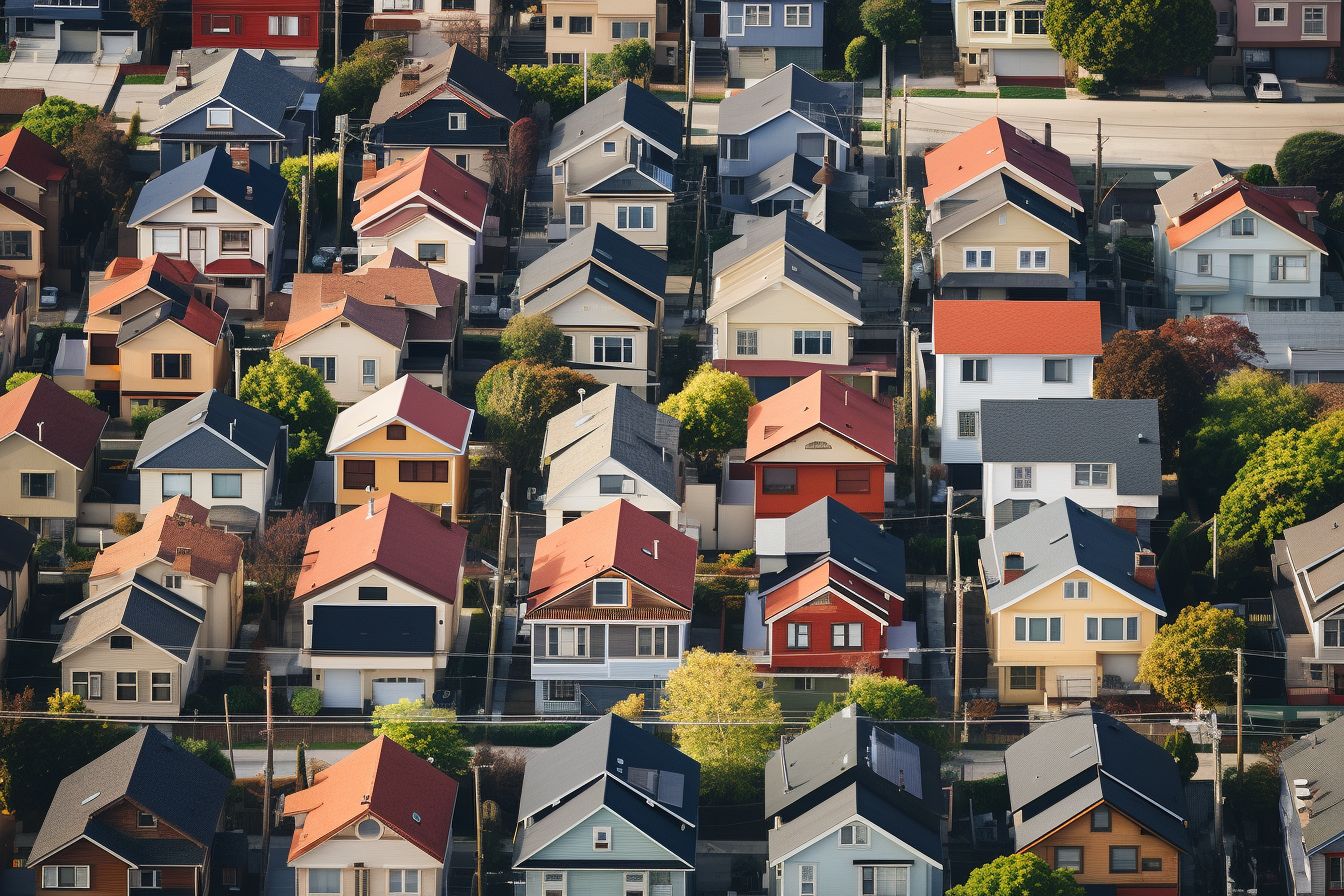 Aerial view of a neighborhood with houses of different roof colors. Aerial view of a neighborhood with houses of different roof colors.