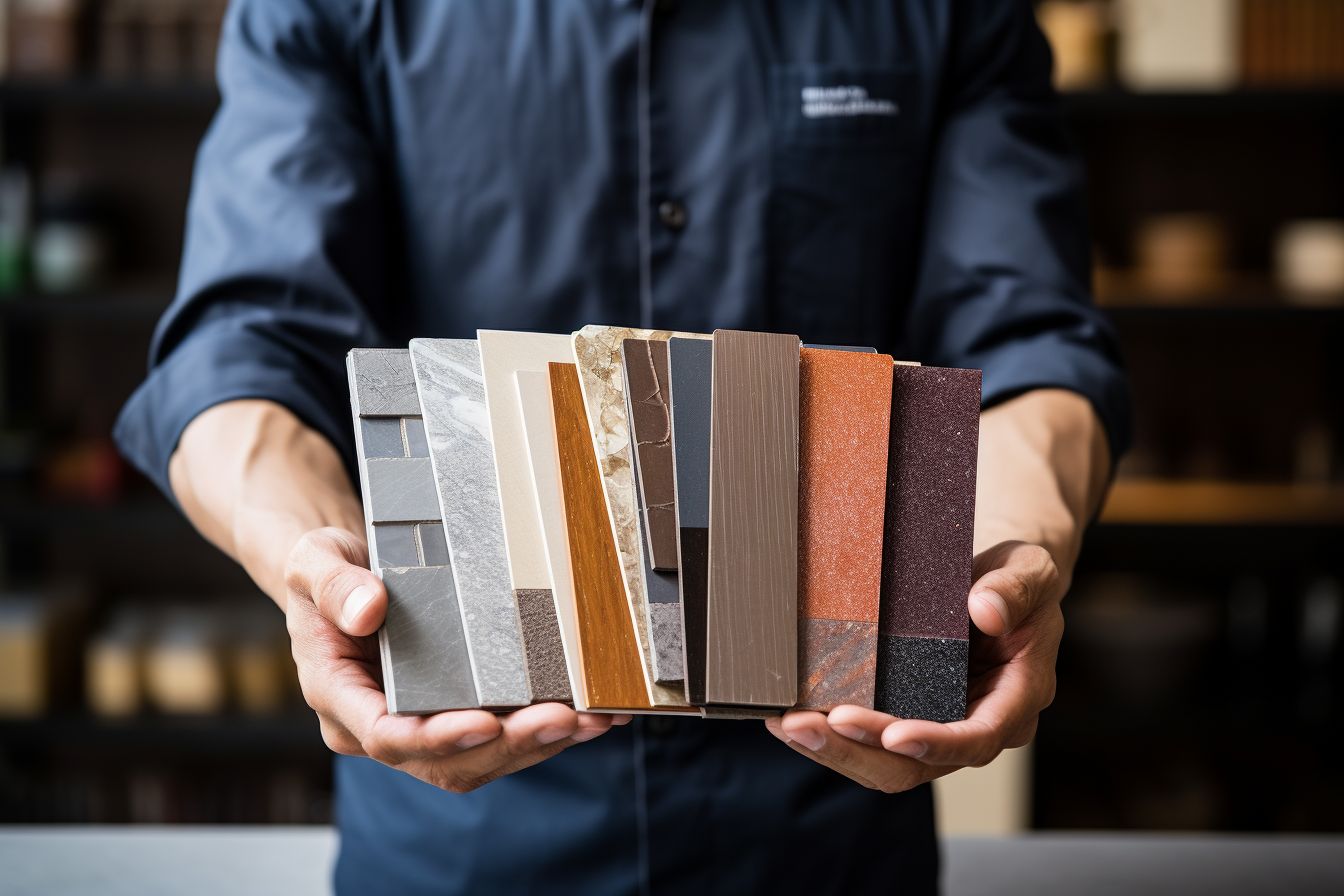 A builder holding roofing material samples to showcase variety and options. A builder holding roofing material samples to showcase variety and options.