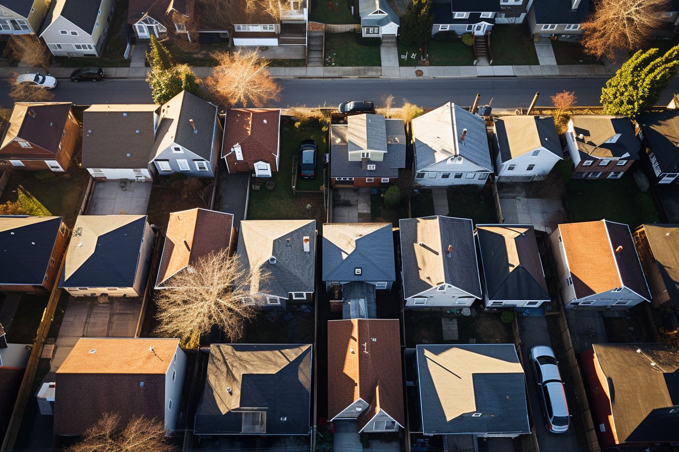 Aerial view of suburban neighborhood with various roof shapes. Aerial view of suburban neighborhood with various roof shapes.