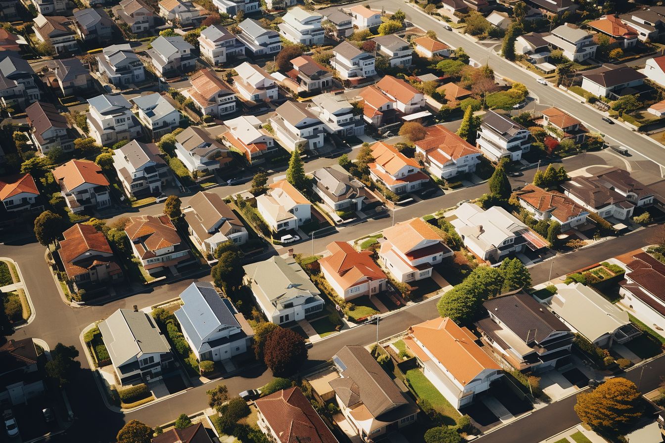 Aerial view of a neighborhood with diverse roof shapes in East Asia. Aerial view of a neighborhood with diverse roof shapes in East Asia.