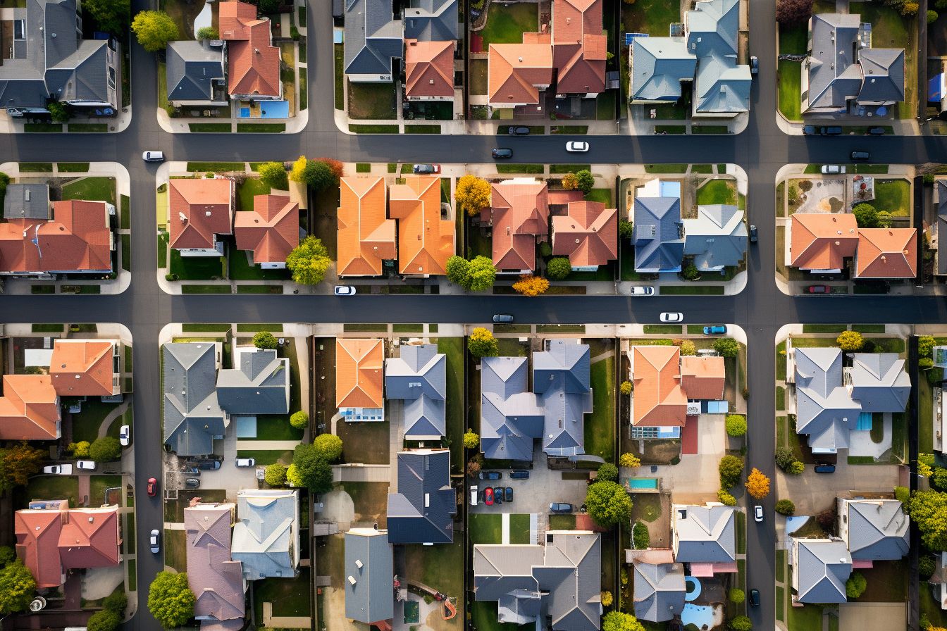 Aerial view of diverse suburban neighborhood with different roof shapes. Aerial view of diverse suburban neighborhood with different roof shapes.