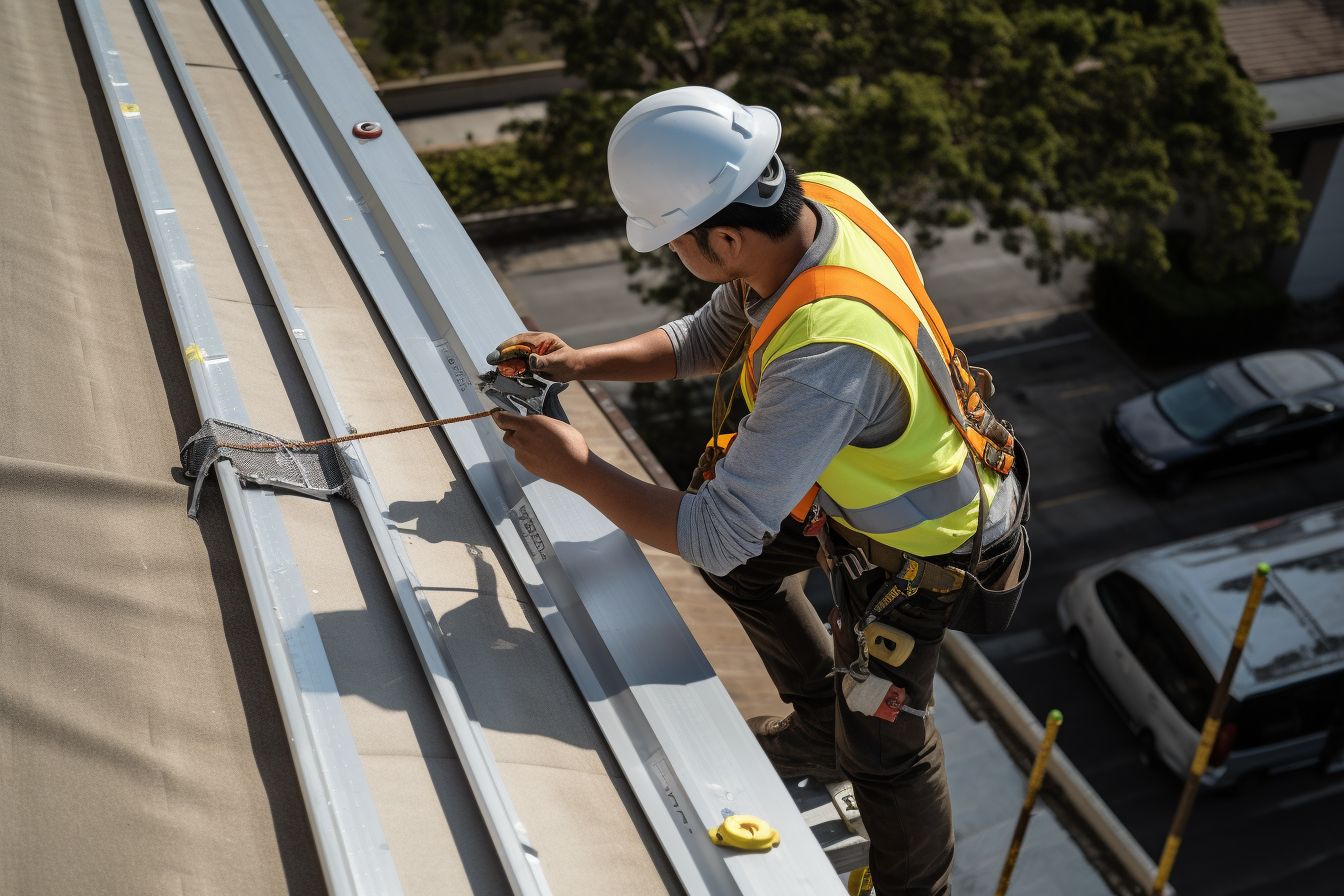 Construction worker measuring roof rise with tape measure in aerial photo. Construction worker measuring roof rise with tape measure in aerial photo.