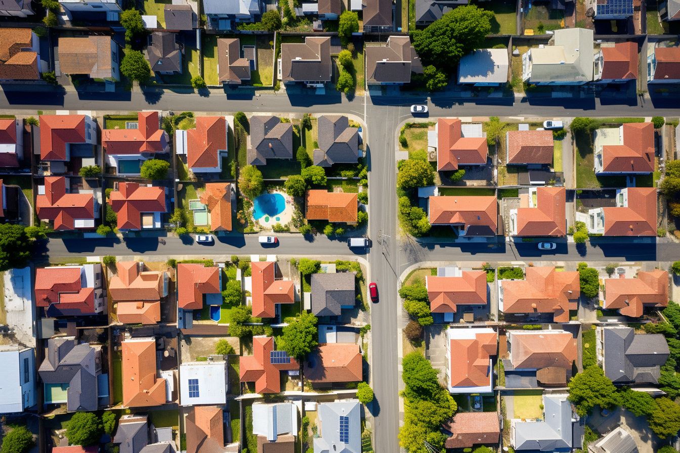 Aerial view of suburban neighborhood with various roof styles. Aerial view of suburban neighborhood with various roof styles.