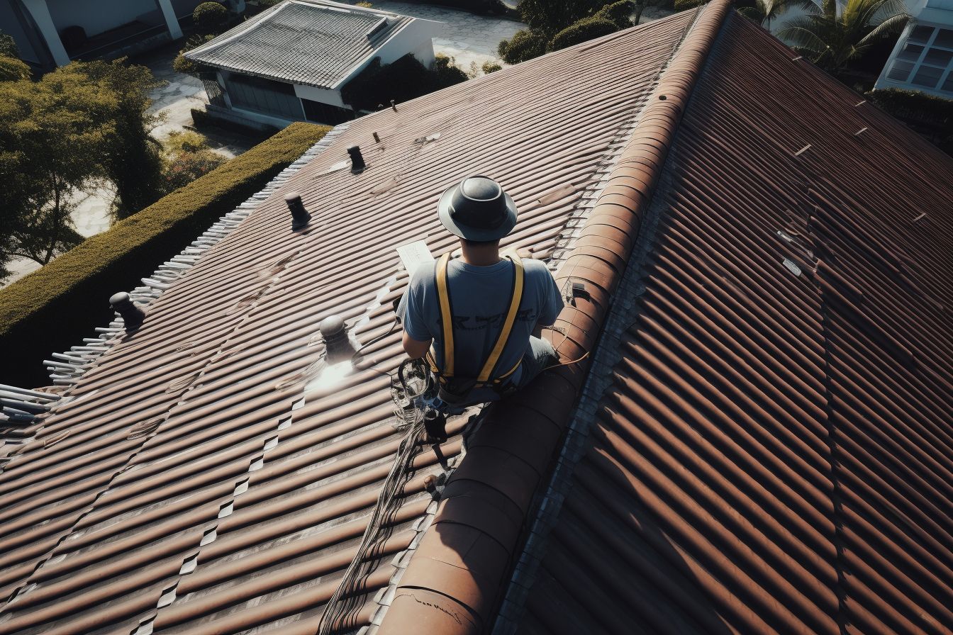 A professional roofer inspecting a roof with a drone. A professional roofer inspecting a roof with a drone.